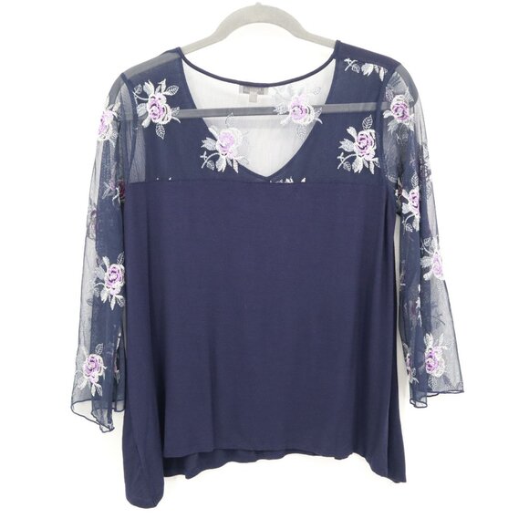 Chenault Sheer Embroidered Top Womens XL Navy Feminine Boho Grannycore Bloomcore - Picture 3 of 16